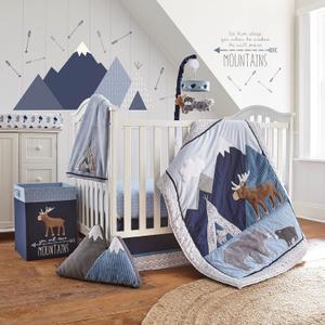 Levtex Baby - Trail Mix Crib Bed Set - Baby Nursery Set - Grey, Navy, White and Blue - Bear Mountains - 4 Piece Set Includes Quilt, Fitted Sheet, Wall Decal & Skirt/Dust Ruffle
