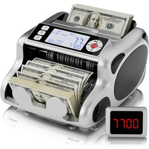 Money Counter Machine, Pro Counterfeit Money Detector UV/MG/IR/DD/VI/FA for Dollars, Euros Value Count with Backlit LCD Display, Add/Batch/Auto/Manual Modes Money Counting Machine (Silver)