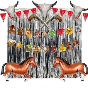 Cowboy Party Decorations Set - 12pcs Western Theme Supplies with Silver Fringe Backdrop, Horse, Revolver & Bull Skull Balloons, Bandana Banner for Birthday