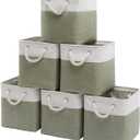 Fabric Storage Cubes 13 x 13, Collapsible Storage Bins for Shelf Baskets, Cube Storage Organizer White Green Bins with Cotton Handles, Foldable Storage Bin box, Cube Storage Bin 6 Pack