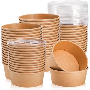 Lyellfe 50 Pack Kraft Paper Bowls with Lid, 25 Oz Disposable Soup Salad Serving Bowls, To Go Food Container for Party Dessert, Ice Cream, Yogurt, Microwave Freezer Safe