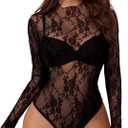 Buauty Mesh Bodysuit for Women Lace Body Suits Women Long Sleeve Sheer Mesh Top See Through Mock Neck Sexy Clothes (Small, Black-Floral)