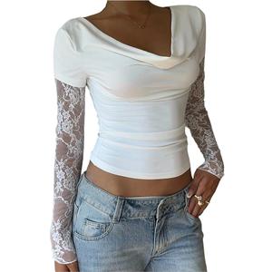 MakeMeChic Women's Floral Lace Tee Shirt Long Sleeve Cowl Neck Ruched Fall Elegant Crop Tops White X-Small