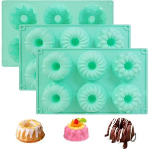 2025 New Mini Bundt Cake Pan, 3Pcs Silicone Fluted Tube Cake Pan, 6-Cavity Nonstick Silicone Baking Molds for Cupcake Cornbread Brownie Jello