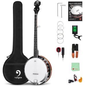 Vangoa LEFT-HANDED Banjo 5 String Mahogany Open Back Banjo with Resonator, Remo Drum Head, Geared 5th String Beginner Kit with Manual, Full Size