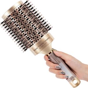 SIMPOR Large Round Brush for Blow Out, Nano Thermal Ceramic & Ionic Tech Round Barrel Hair Brush with Boar Bristles, Roller for Blow Drying (Gold, 4 inch, Barrel 2.7 Inch, 65mm)