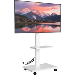 Steel Base Rolling TV stand with Power Outlet for 32-75 inch TVs up to 110 lbs, Leveling & Tilt & Swivel Mobile TV Stand with Hidden Wire Management, Height Adjustable Portable TV Stand, White