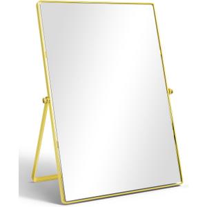 Vanity Desk Table Mirror, Adjustable Rectangular Tabletop Standing Makeup Mirror with Metal Framed for Living Room, Bedroom, Bathroom, Gold