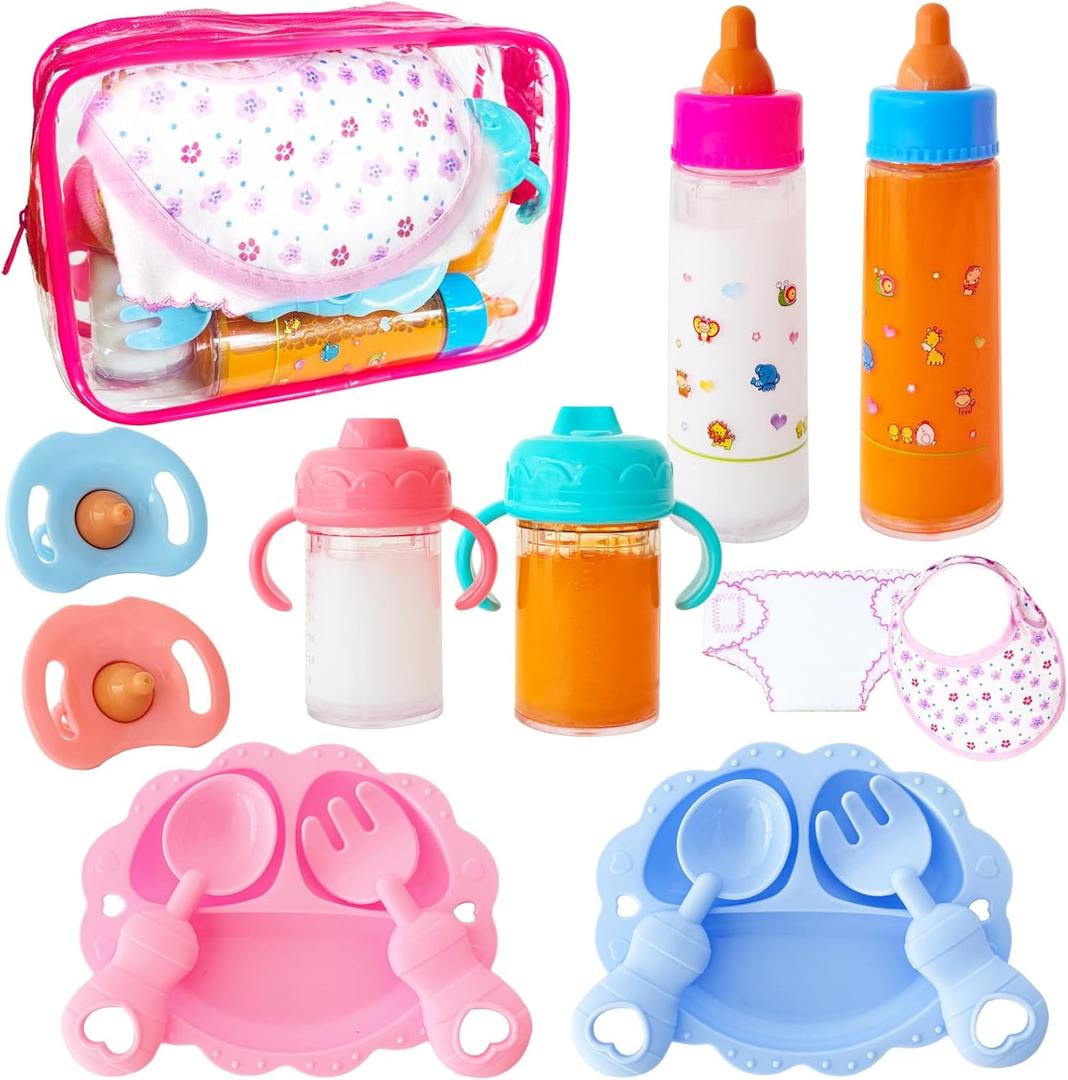 15 Pcs Baby Doll Accessories Magic Bottle Set,Doll Feeding Set with Package,Pretend Play Feeding Toys for Kids,Girls,Party,Gift