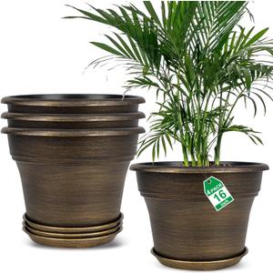16 inch Plant Pots Outdoor Planters4 Pack Large Plastic Flower Pot For Indoor Plants With Drainage Holes & Saucer, Resin Decorative Container Sets With Trays For House Outdoor Garden Plant Dark Gold