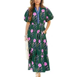 Wolddress Womens Summer Dresses 2026 Casual Puff Short Sleeve V Neck High Waist Flowy Long Maxi Dress (Green, M)
