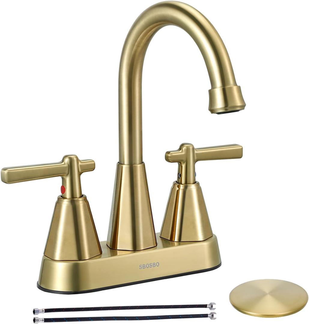 Bathroom Sink Faucet, SBOSBO 4 Inch Bathroom Faucet for Sink 3 Hole, 2 Handle Sink Faucet with Pop Up Drain Assembly and 2 Water Supply Hoses for RV Bathroom Vanity (Brushed Gold)