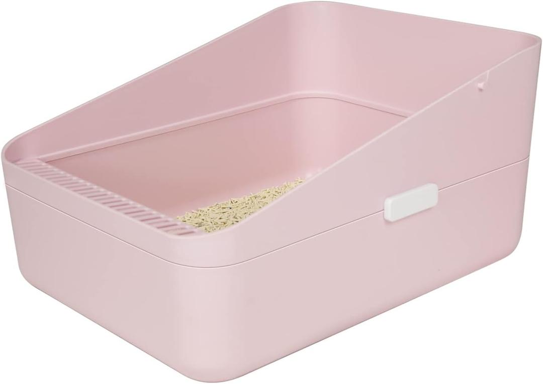Sfozstra Open High-Sided Litter Box: Pink Medium Anti-Scatter Design - Self-Cleaning Sifting Tray - Low Tracking for Small Cats