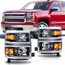 Headlight Assembly Compatible with 2014 2015 Chevy Silverado 1500 Replacement Headlamp Chrome Housing Black Trim