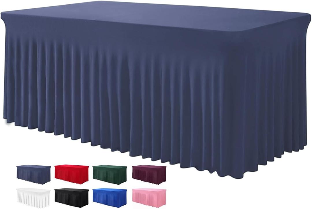 Table Skirts for Rectangle Tables 6ft - One-Piece Navy Blue Tablecloths and Skirt, Wrinkle Resistant Ruffles Elastic Cover for Banquets, Weddings, Events, Parties (72" x 30" (Rectangular))
