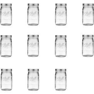 Ball Wide Mouth Clear Glass Canning Quart 32 Oz Mason Jars with Lids, 11 Pack