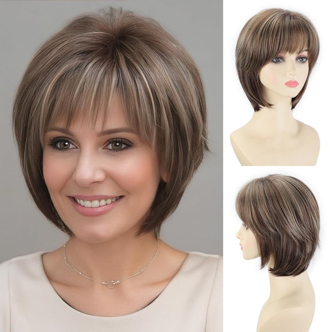 SEVENCOLORS Short Brown Wigs for White Women Natural Hair Lace Front Pixie Bob Wigs Synthetic Brown Mix Blonde Womens Wig