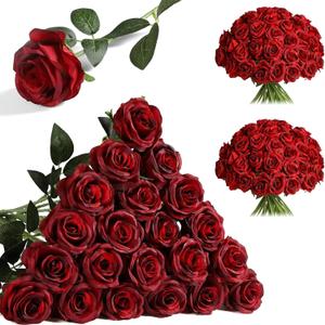 Nubry 24pcs Artificial Burgundy Roses, Fake Silk Roses Flower with Long Stems, Realistic Flowers for Bridal Wedding Party Table Centerpiece Home Decor