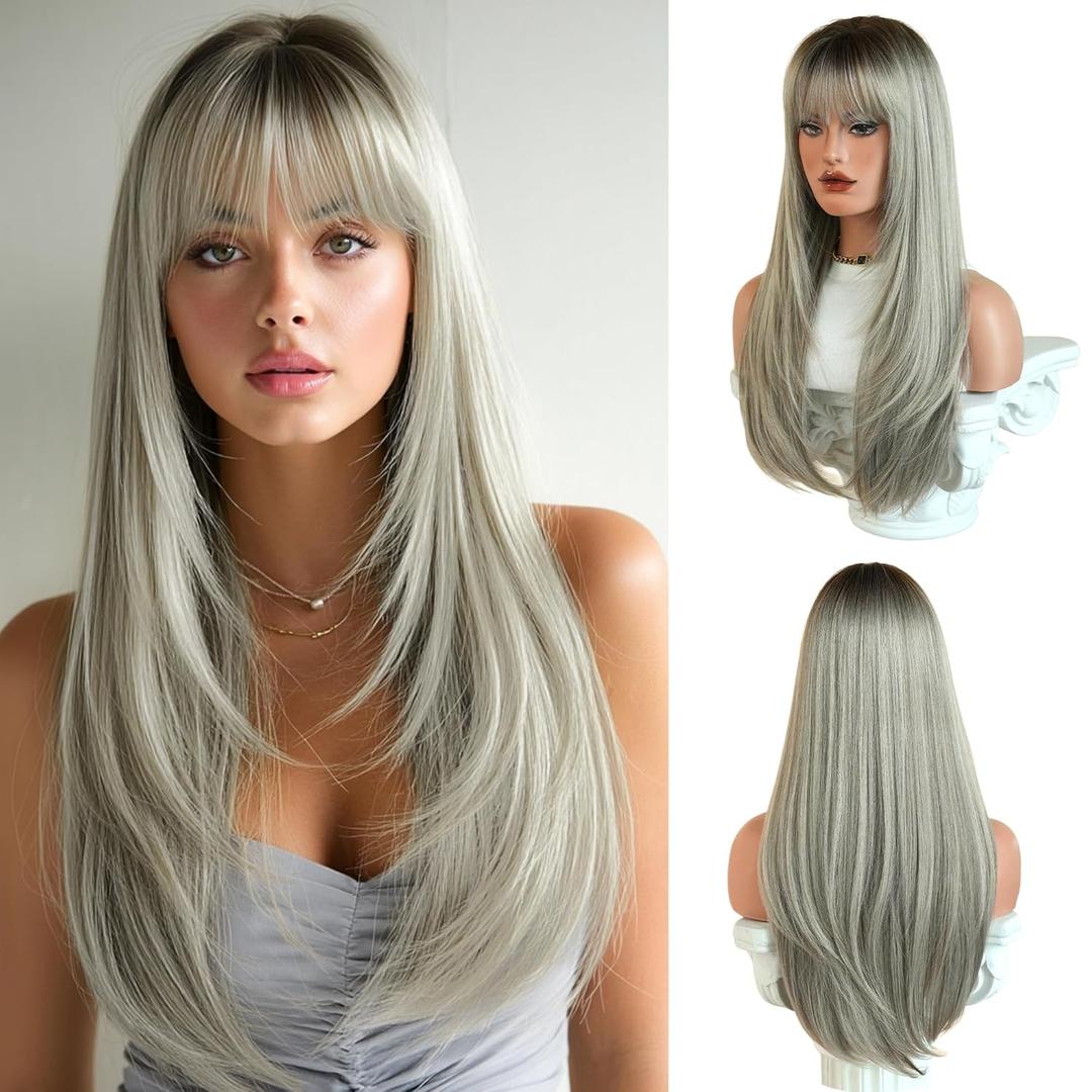 PARK YUN 27IN Silver Grey Layered Straight Wig with Bangs for Women Glueless Platinum Grey Wigs Synthetic High-temperature Fiber Natural Looking Wig Ready to Go Daily Use Cosplay Party