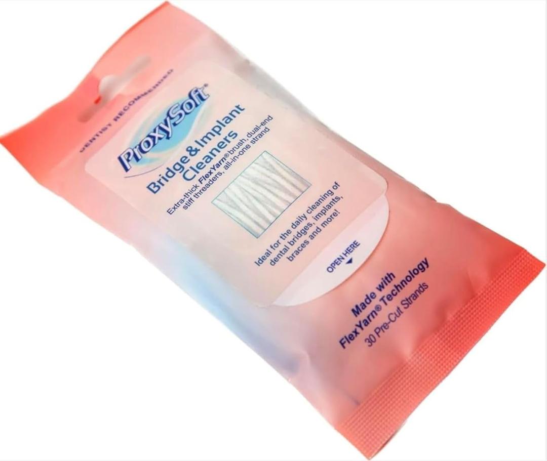 Dental Floss for Bridges and Dental Implants for Optimal Oral Hygiene - Floss Threaders for Bridges and Implants with Extra-Thick Proxy Brush - Bridge and Implant Cleaners (30 Strands) by ProxySoft (1 Count (Pack of 30))