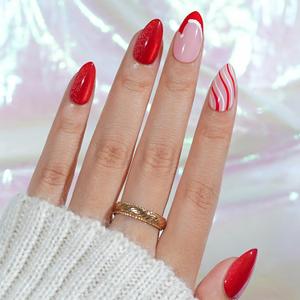 Christmas Press On Nails Almond - Jofay Fashion Red Cat Eye Press On Nails, Swirl Santa Hat Fake Nails with Glue for Women, Glossy Reusable Soft Gel Glue On Nails 32Pcs