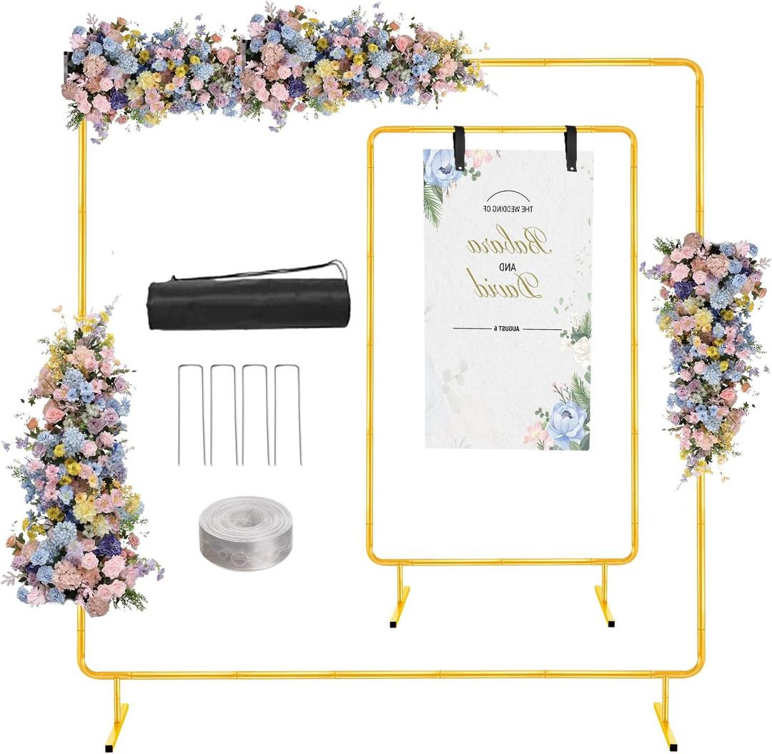 WellSign 6.6FTx6.6FT Wedding Balloon Arch Backdrop Stand, Gold Square Rectangular Metal Background Arch Frame for Garden Flower Arch, Birthday, Baby Shower Parties Decoration