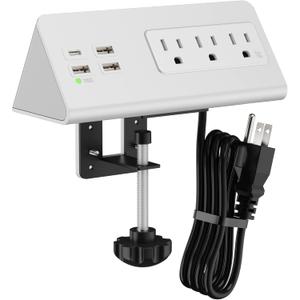 Nightstand Edge Mount Power Strip with USB-C Ports Tabletop Surge Protector Desk Clamp Power Sockets with 3 AC Outlets &4 Fast Charging USB Ports for Home Office Hotel and Dormitory (White)