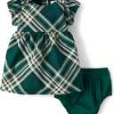 The Children's Place Baby Girls' And Newborn Short Sleeve Dressy Dress and Diaper Cover Set (6-9 Months, Balt Green Plaid)