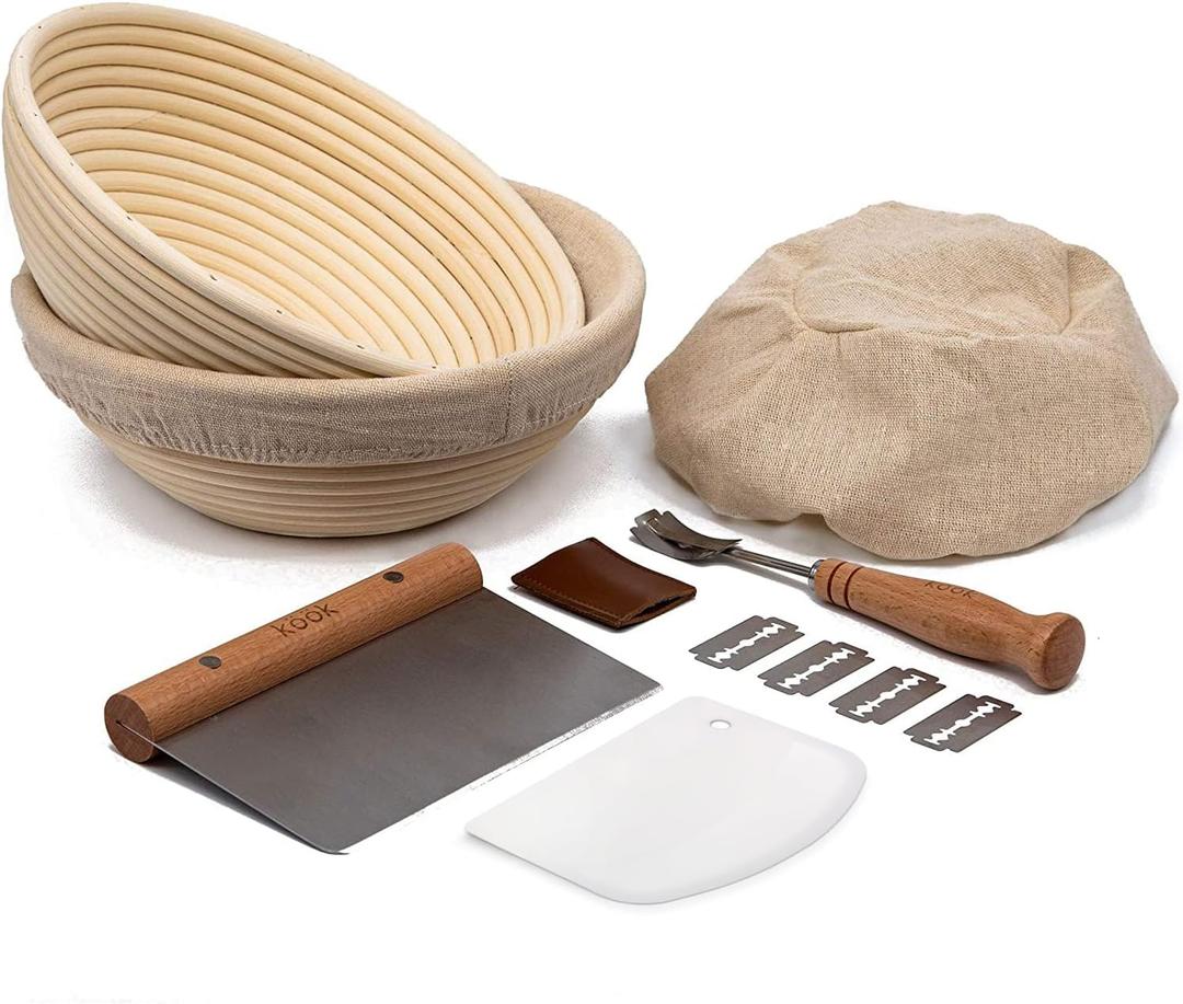Kook Banneton Bread Proofing Basket 9 Inch - Complete 12 Piece Sourdough Basket Kit with Liners and Scrapers - Natural Rattan for Artisan Bread Making - Set of 2 Round