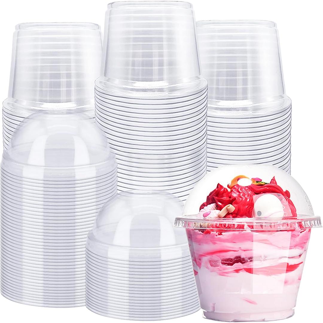 100 Pack 8oz Disposable Clear Plastic Cups with Dome Lids(Hole in the Lid),PET Dessert Cups,Disposable Snack Bowls for Ice Cream,Cake,Fruit,Parfait, Pudding and Jello Shot