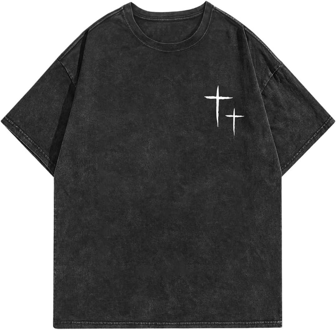 Men's Cross Print T Shirts Crew Neck Short Sleeve Graphic Tee Tops (X-Large, Black)