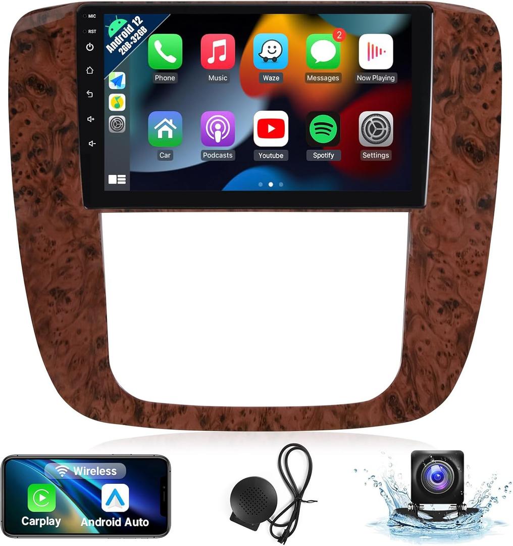 Naifay Android Car Radio Stereo for GMC Yukon Chevrolet Chevy Silverado Tahoe Suburban 2007-2012 with Carplay Android Auto, 2+32G 9 Inch IPS Touch Screen for Chevy Car Stereo with Bluetooth GPS WiFi