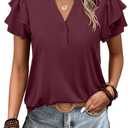ANRABESS Womens Tops Dressy Casual Ruffle Short Sleeve V Neck Blouses Summer Button Down Business Work Elegant Shirts (Size Small, Burgundy)