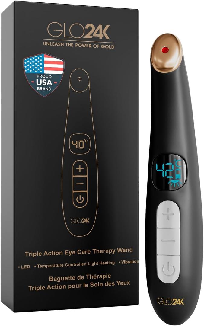 GLO24K Heated Eye Wand & Eye Massager Tool Gentle Warmth & Vibration for Smoother-Looking Skin, Refreshing Under-Eyes Massage, Portable Beauty Device
