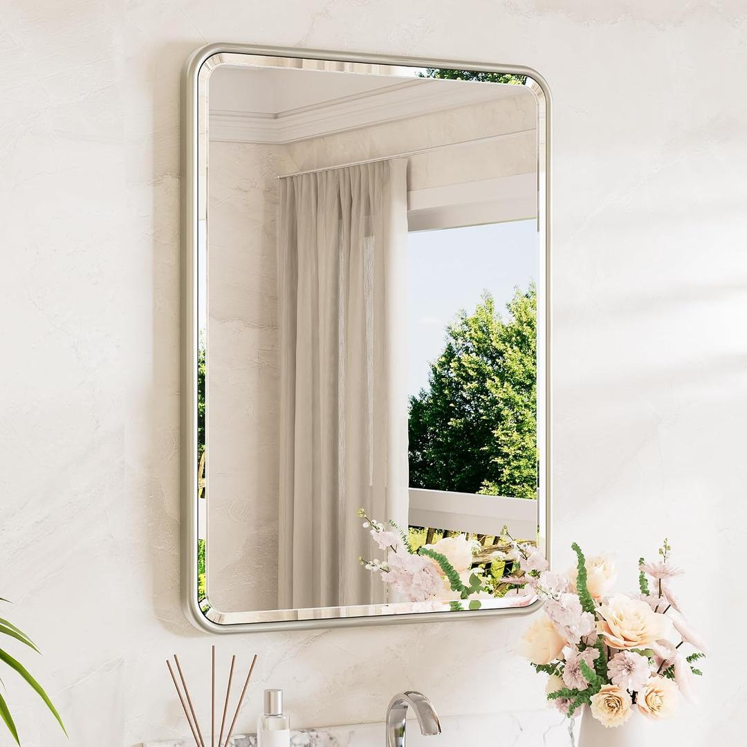 TETOTE Brushed Nickel Mirror 20 x 30 Beveled Edge Tempered Glass, Rounded Corner Rectangle Bathroom Mirror for Over Sink for Modern Bathroom, Living Room, Bedroom, Entryway