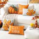2 x Artscope Fall Decorative Throw Pillow Covers 18x18 Inch Set of 4 Fall Gifts for Home Decor, Striped Autumn Pumpkin Maple Leaves Harvest Decoration Pillow Cases for Home Sofa Couch Decor-Orange C