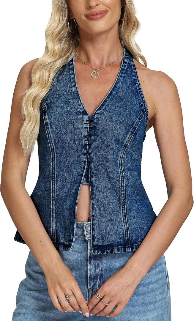 D-Sun Women Sleeveless Denim Vest Denim Halter Top Tie Backless Button Down Y2K Strapless Front Slit Sexy Jean Tank (Blue, XL)