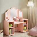 Kovhzcu Kids Vanity, 2 in 1 Princess Makeup Vanity Storage Cabinet with Detachable Top, Girls Vanity Set with Tri-fold Mirror, Kids Vanity Set with Mirror Age 3-9 (Pink)