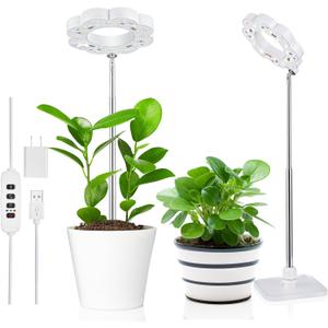 Plant Grow Lights for Indoor Plants, Full Spectrum LED Plant Light with Detachable Stand, Growing Lights with Auto Timer, 10 Brightness, 3 Lighting Modes, Desk Grow Lamp for Small Plants (White with Adapter)