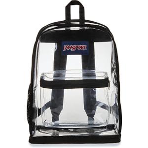 JanSport Clear Pack 25.5L Transparent Backpack, Large Main Compartment, Side Water Bottle Pocket, Front Zippered Pocket, Mesh Bottom Panel, Clear