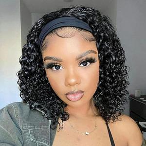 Aisaide Headband Wig Kinky Curly Black Headband Wigs for Black Women Natural Black None Lace Front Curly Wave Half Hair Wear and Go Glueless Wig (14 Inch)