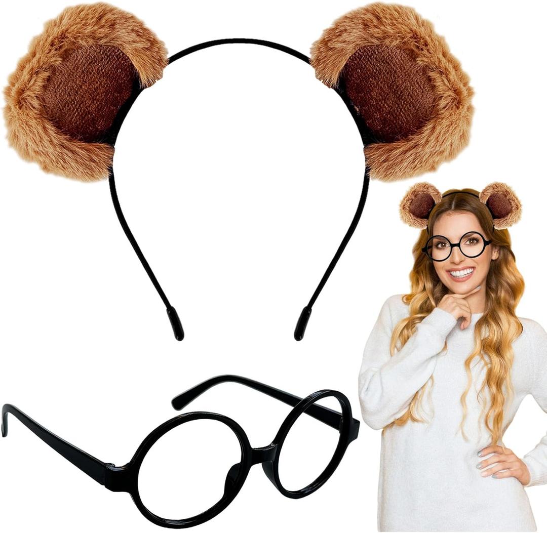 4 x Chipmunks Costumes Set,Chipmunk Ears Headband Black Round Frame Glasses,Fluffy Animal Hairband for Halloween Costume Accessories,Cosplay Party Supplies