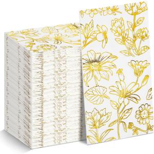 Pasimy 100 Pcs Gold Foil Guest Napkins Disposable Gold Foil Cocktail Napkins Floral Paper Tissue Elegant Dinner Hand Towels Bronzing Napkin for Bathroom Birthday Baby Shower Decor Towels (White)