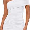 Trendy Queen Womens Off The Shoulder Mini Dresses Ruched Going Out Summer Bodycon Sexy Party Short Club Outfits 2026 (White, S)