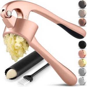 Zulay Kitchen Premium Garlic Press Set - Rust Proof Professional Garlic Mincer Tool - Easy-Squeeze, Easy-Clean with Soft Handle - Silicone Garlic Peeler & Brush (Rose Gold), Large