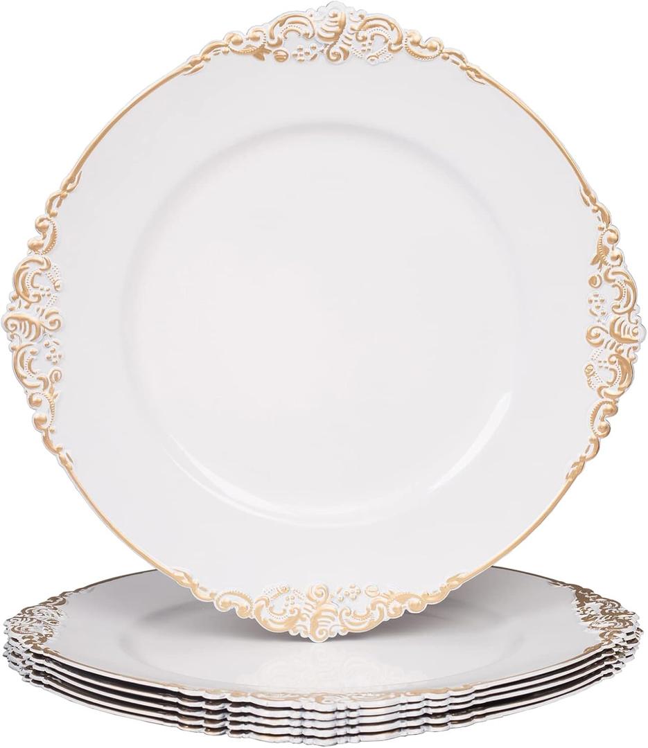 MAONAME Antique White Charger Plates, Round Antique Plate Chargers for Dinner Plate, 13" Plastic Charger for Plates, Wedding Table Setting, Set of 6