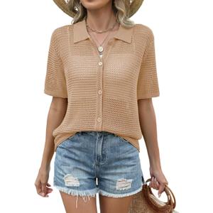 AKEWEI Womens Spring Summer Cardigans Women Collared Short Sleeve Sweater Shirts Knit Beach Cover Up Tops (Large, Dark Apricot)