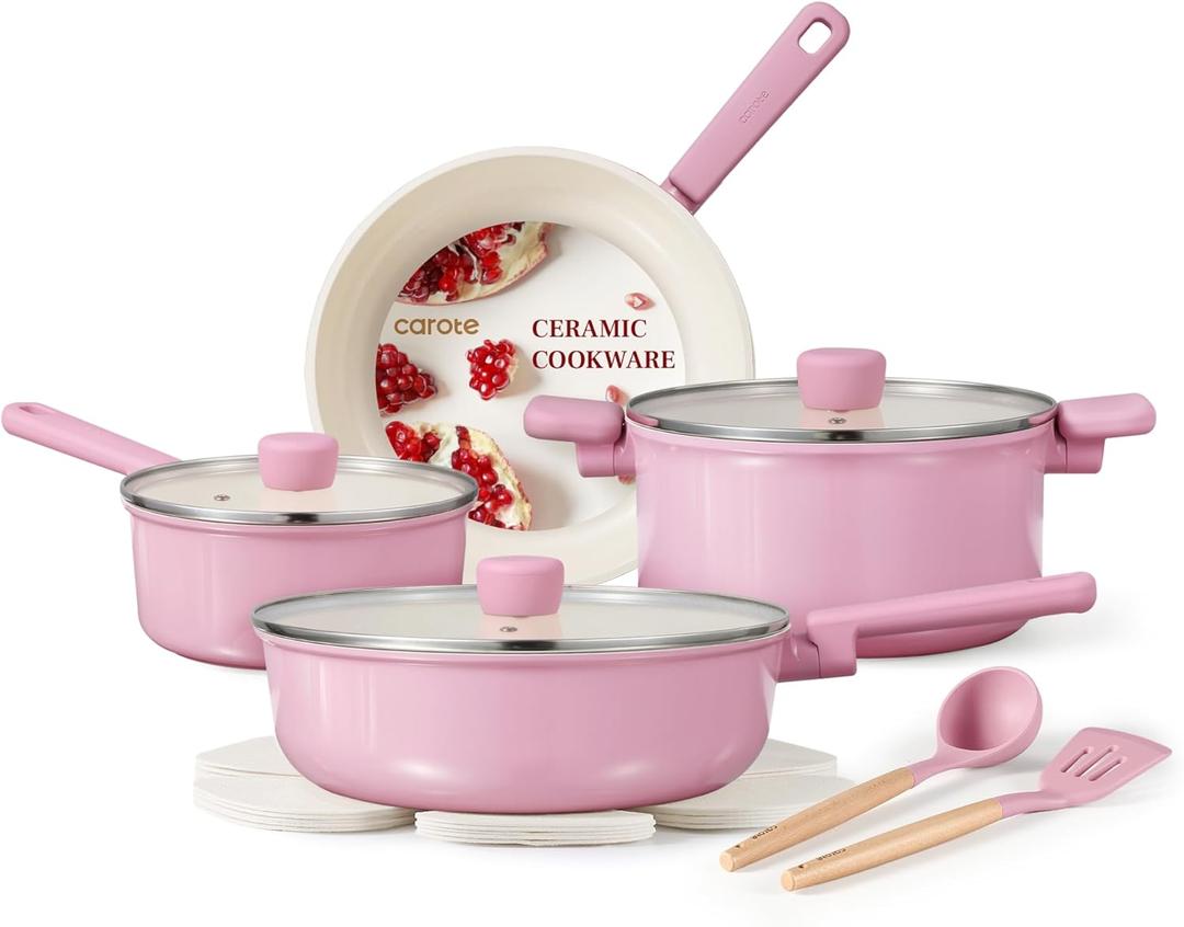 CAROTE Ceramic Pots and Pans, Nonstick Cookware Set Kitchen Cooking Sets, Non Toxic 12pcs Induction Pot and Pan Non Stick