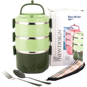 SANQIAHOME 3 Tier Stackable Stainless Steel Lunch Box Sealed(green, 3 layers) with spoon and fork