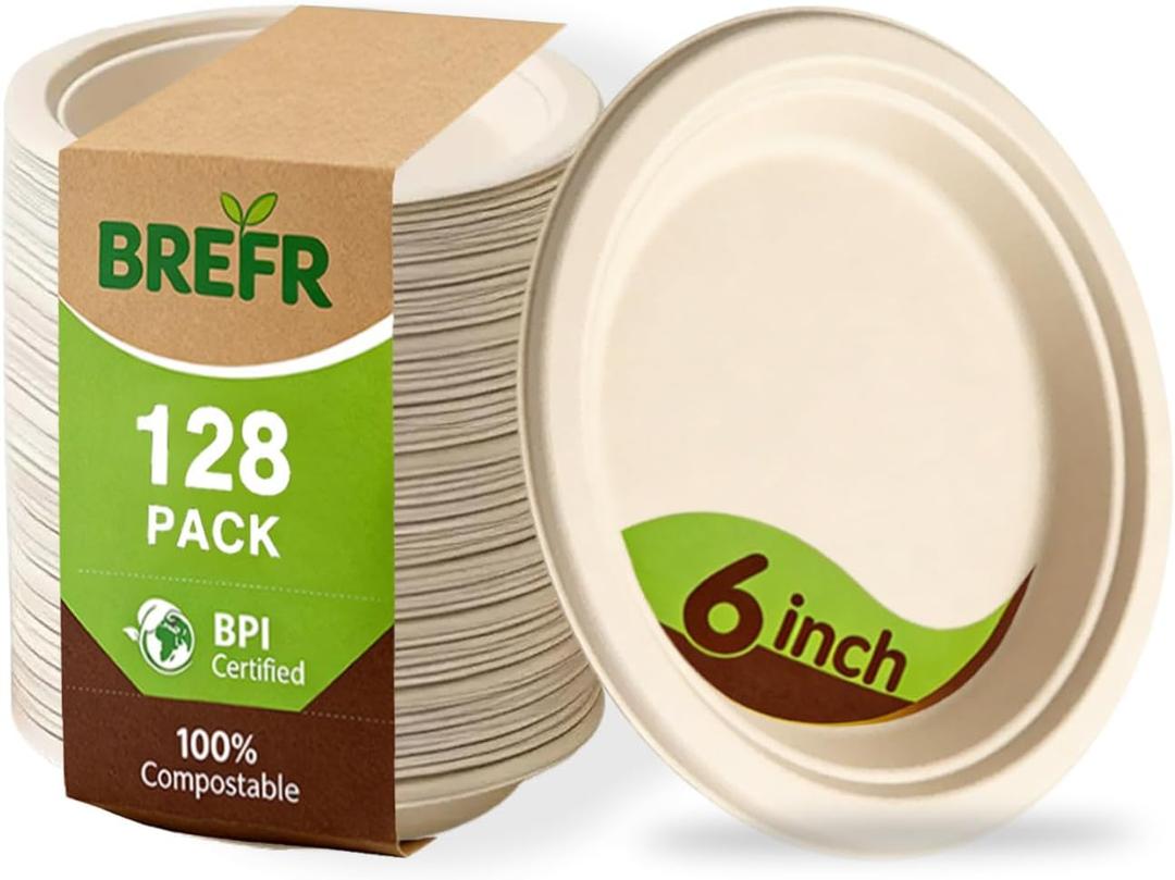 128 Pack 6 Inch Compostable Plates, Biodegradable Heavy Duty Dessert Plates Eco-Friendly Sugarcane Plates for Wedding, Catering, Events
